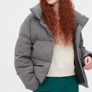 Uniqlo Patterned Down Jacket Small Gray Plaid Down Fill Puffer Coat Ski Outdoor